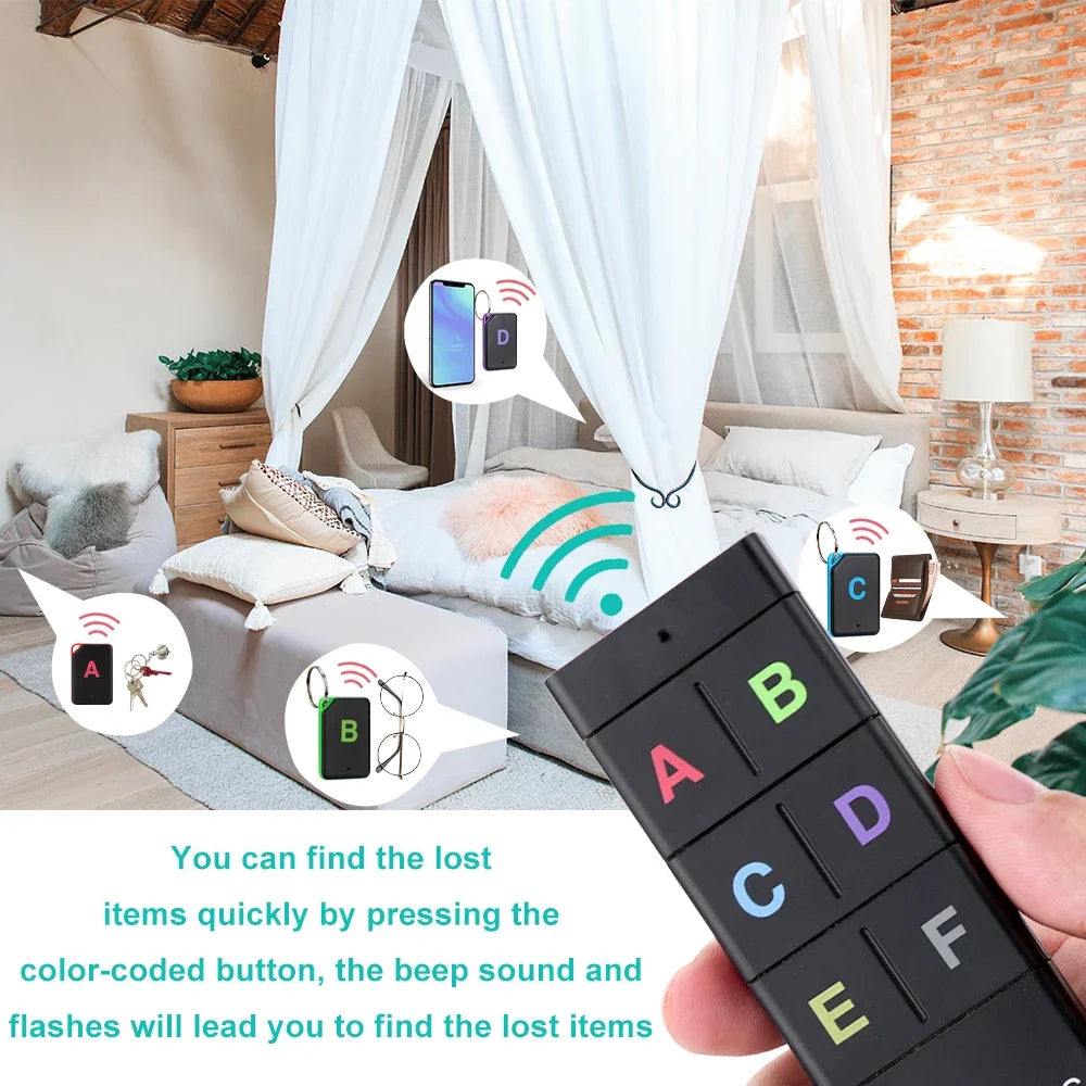 Wireless RF Key Finder — Remote Item Locator 1 Transmitter + 6 Receivers, Up to 40m (131 ft), Key Rings & Adhesive