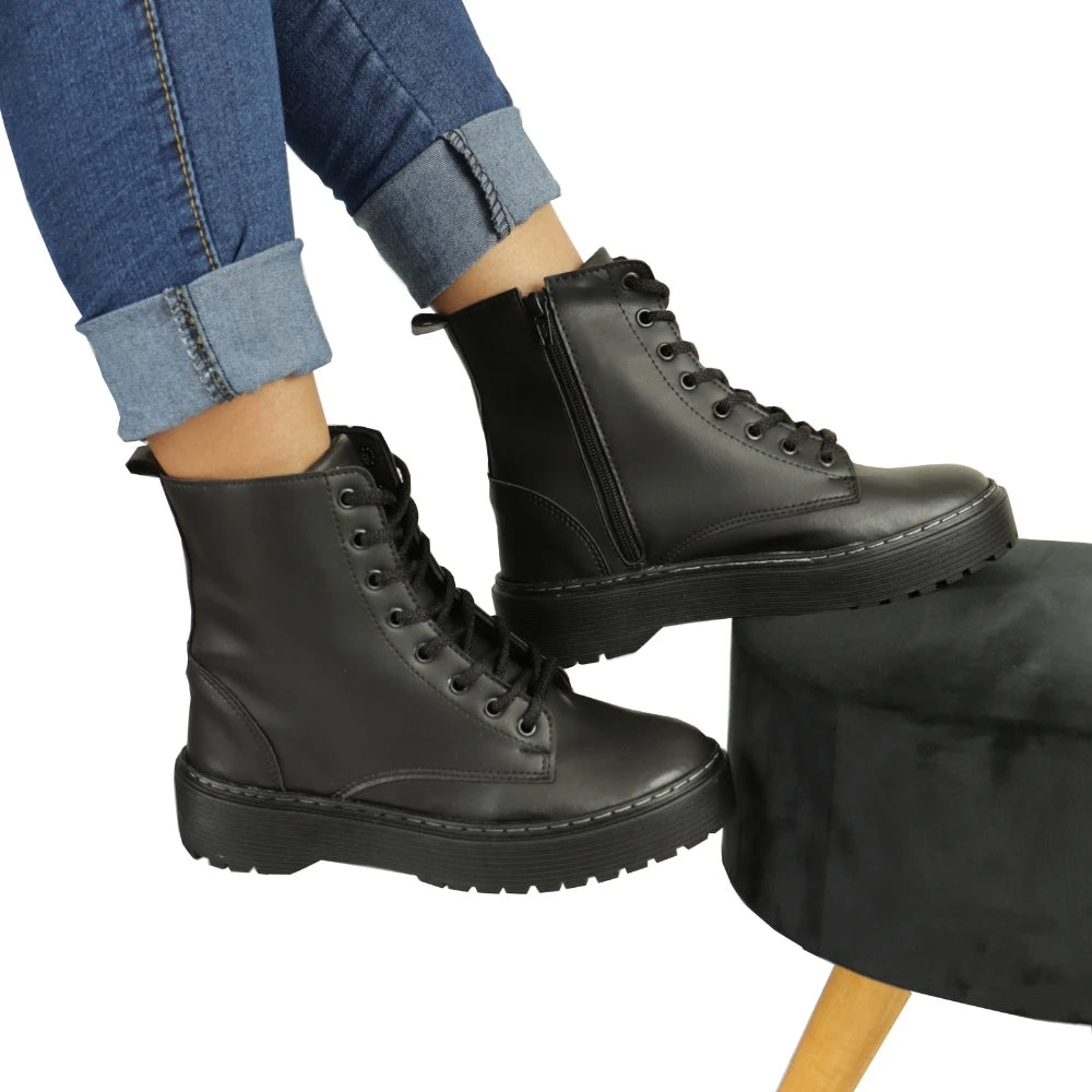 Women's Military-Inspired Lace-Up Ankle Boots with Side Zipper — Low Platform 1.2–2 in (3–5 cm), Rubber Sole, Round Toe