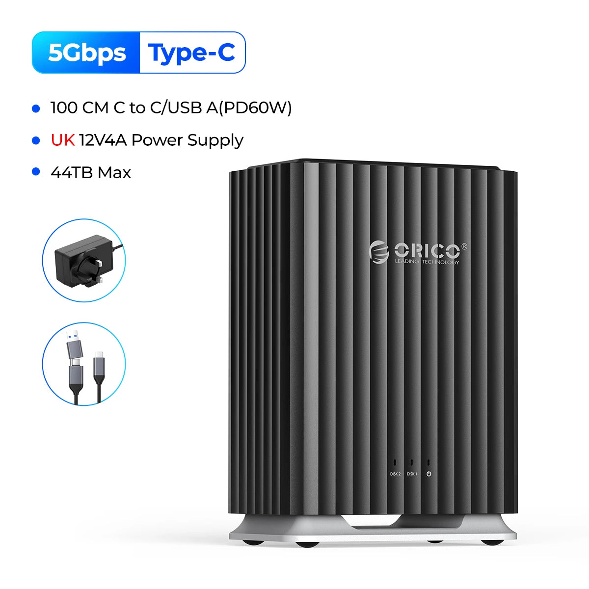 2-Bay 3.5-inch Type-C HDD Enclosure USB 3.1 Gen1 5Gbps UASP Magnetic Docking Station (12V 4A)