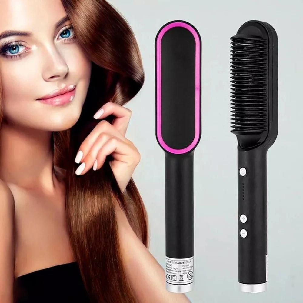 3-in-1 Heated Electric Hair Brush – Straightener & Styler, Ceramic Bristles, 110-220V Bivolt