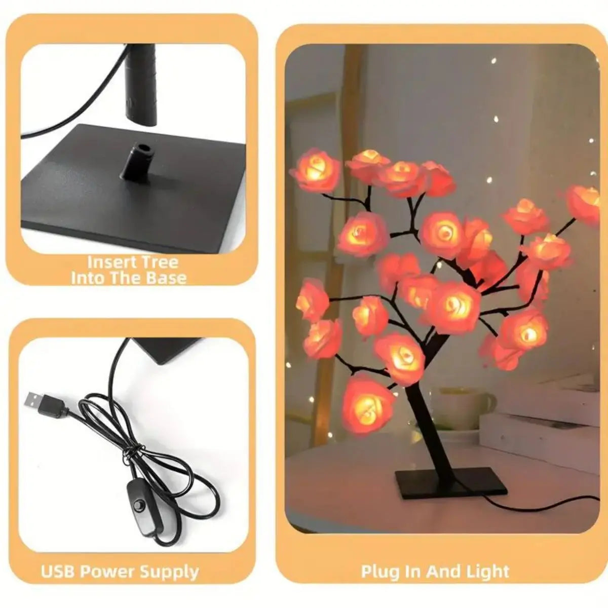LED Rose Tree Lamp — DIY Branches Fairy Lights Night Light for Bedroom, Wedding & Valentine’s Day Decor, USB Table Lamp