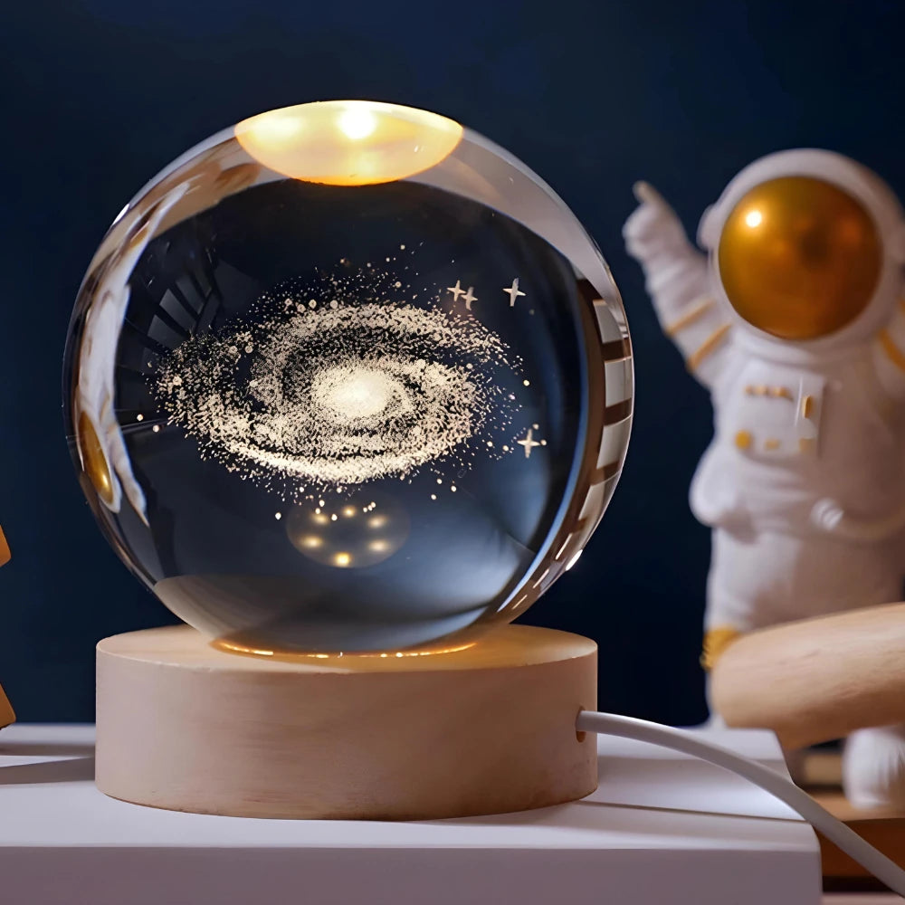 Galaxy Crystal Ball LED Lamp, Solar System with Earth and Moon, Wooden Base, 6 cm (2.36 in), USB