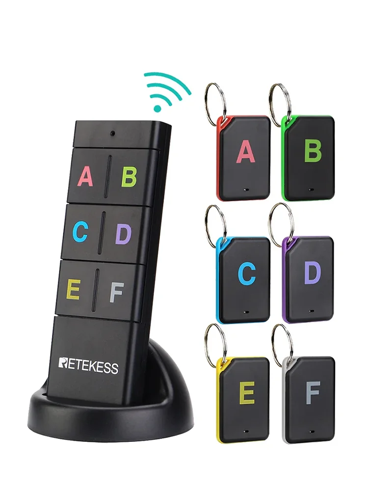 Wireless RF Key Finder — Remote Item Locator 1 Transmitter + 6 Receivers, Up to 40m (131 ft), Key Rings & Adhesive
