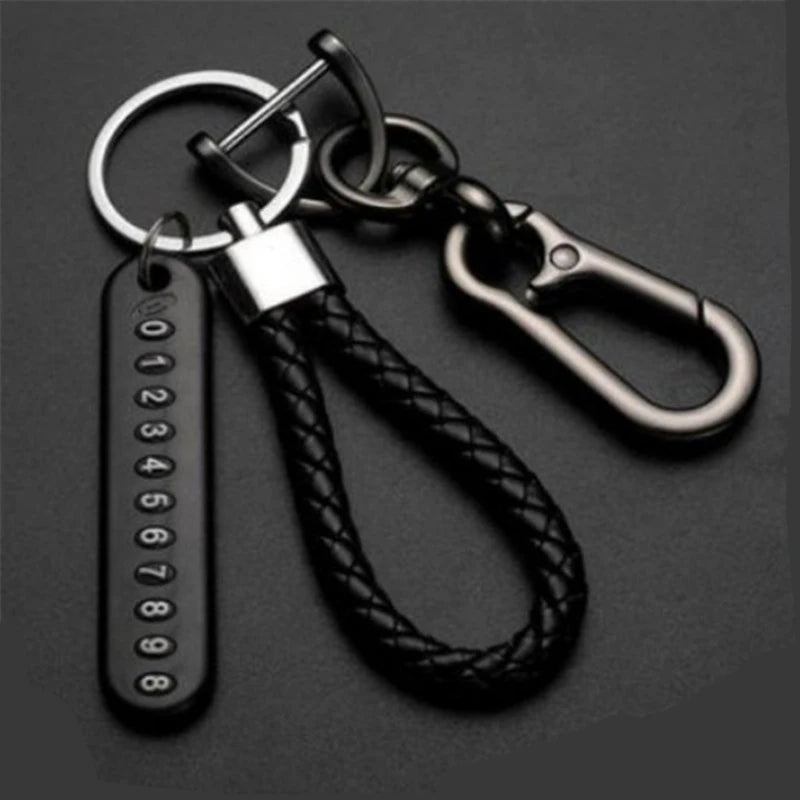 Braided Leather Car Keychain with Phone Number Card Holder, Anti-Lost Auto Key Ring with Lobster Clasp