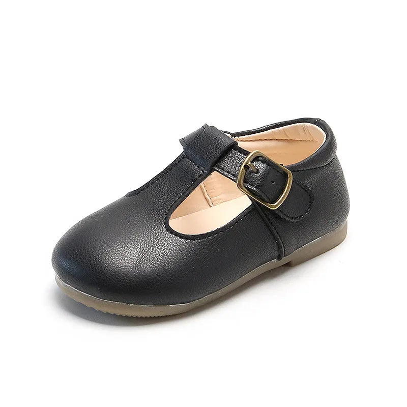Spring and Autumn Kids T-Strap PU Leather Mary Jane Shoes Non-Slip Buckle Flats for Toddlers Girls and Boys