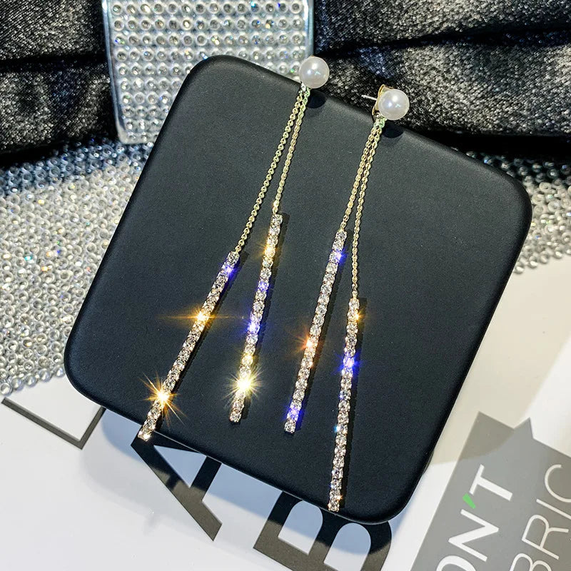 Gold Bridal Drop Earrings with Simulated Pearls & Crystal Rhinestones — 6 cm (2.36 in) Dangle Statement Earrings for Wedding & Bridesmaids