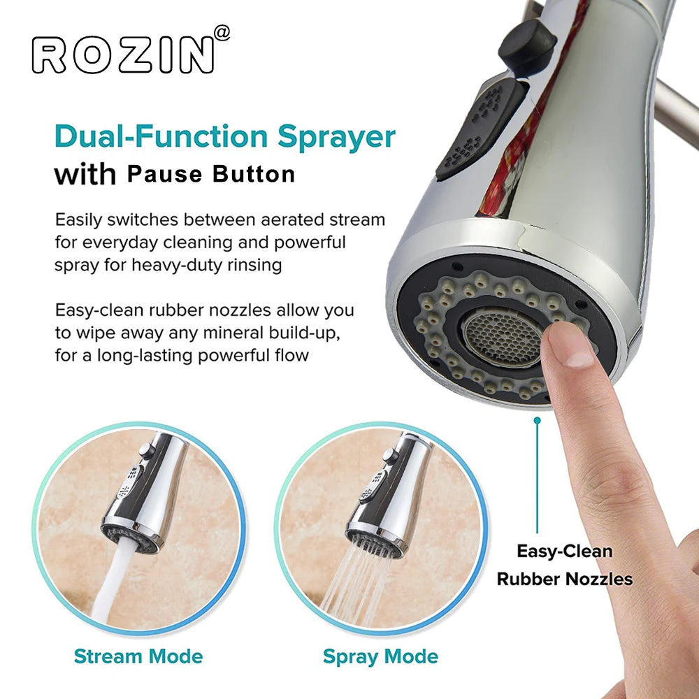 Chrome Deck-Mounted Pull-Out Kitchen Faucet - Single-Handle Single-Hole Mixer Tap with Ceramic Valve & Stream Sprayer
