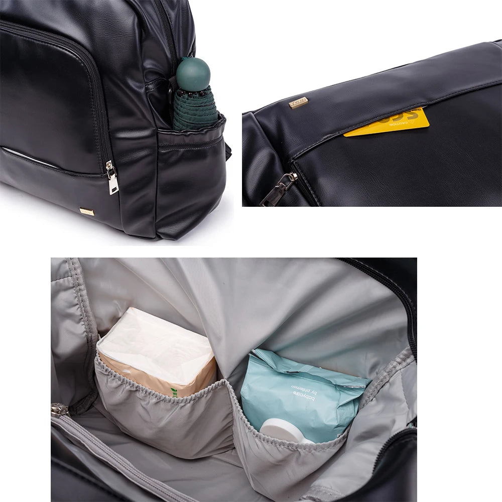 Waterproof Black Leather Diaper Bag Backpack – 24L Large Capacity Nursing Changing Bag with Zipper & Stroller Straps