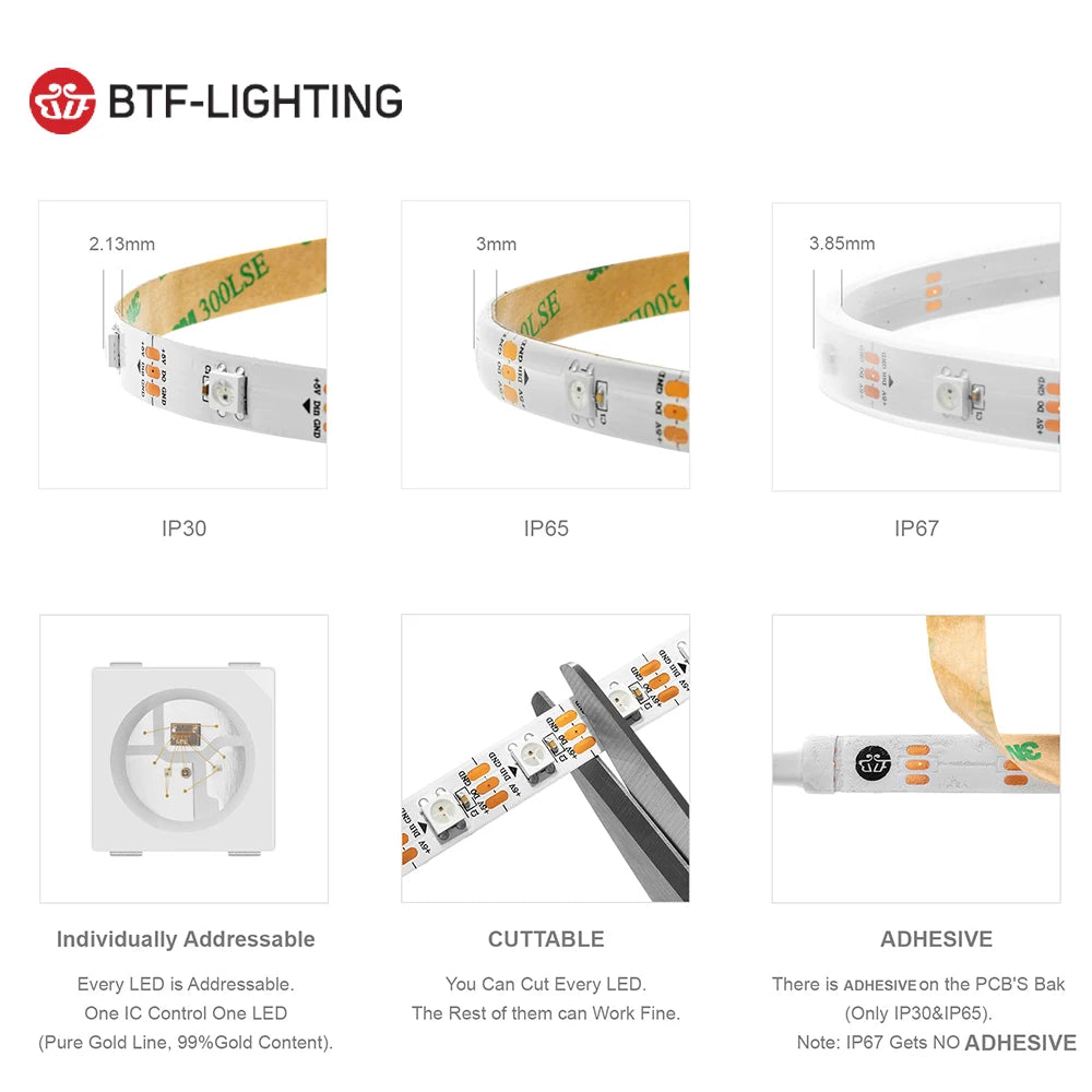 WS2812B Addressable RGB LED Strip Light DC 5V – Individually Programmable Smart Pixels, IP30/IP65/IP67, Black/White PCB