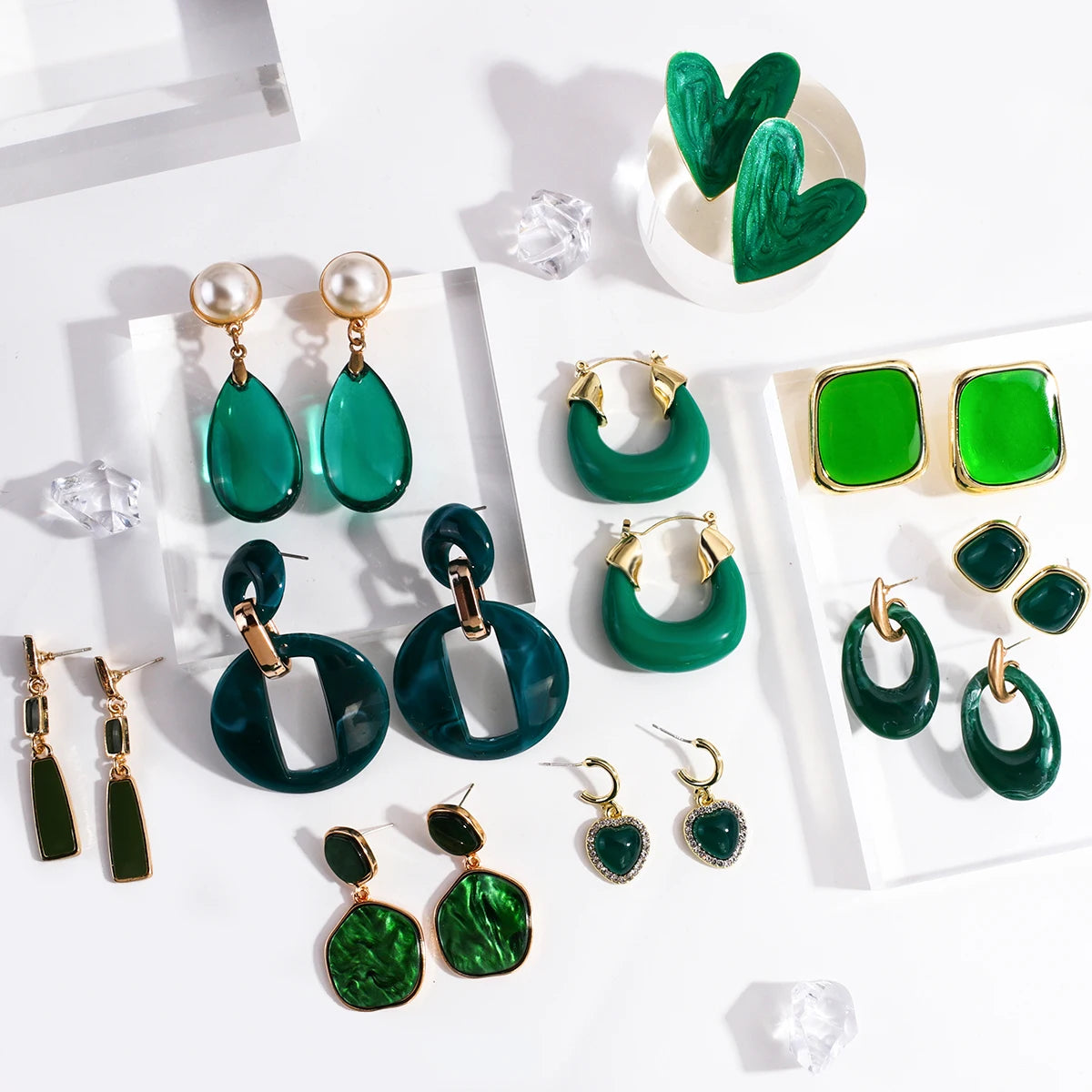 Korean Green Acrylic Geometric Dangle Earrings — Round & Square Statement Drop Earrings for Women
