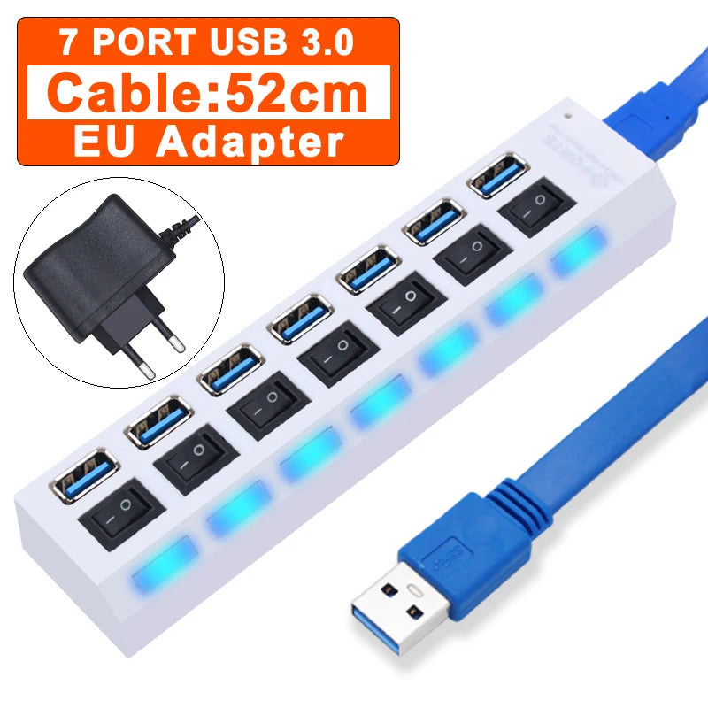 USB 3.0 Hub 4/7-Port Powered USB Splitter with On/Off Switch – High-Speed USB 3.0/2.0 Expander for PC & Laptop