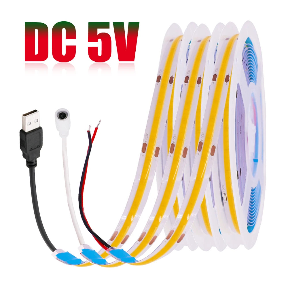 5V USB COB LED Strip Light 320 LEDs/m High-Density Flexible Tape Light Warm Natural Cool White and RGB