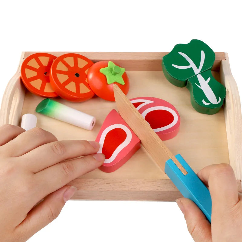 Wooden Pretend Play Kitchen Cutting Fruit and Vegetable Set – Montessori Educational Toy for Kids