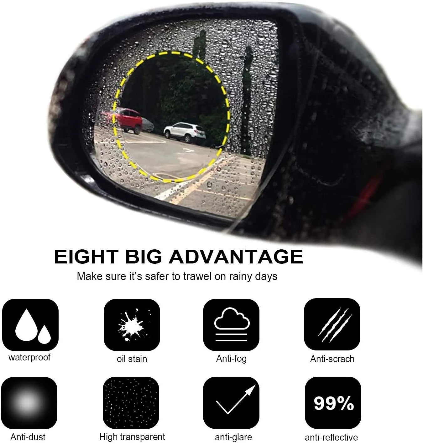 2-Pack Car Rearview Mirror Rainproof Film Anti-Fog Waterproof PET Stickers (95×95, 95×135, 100×150 mm / 3.7–5.9 in)