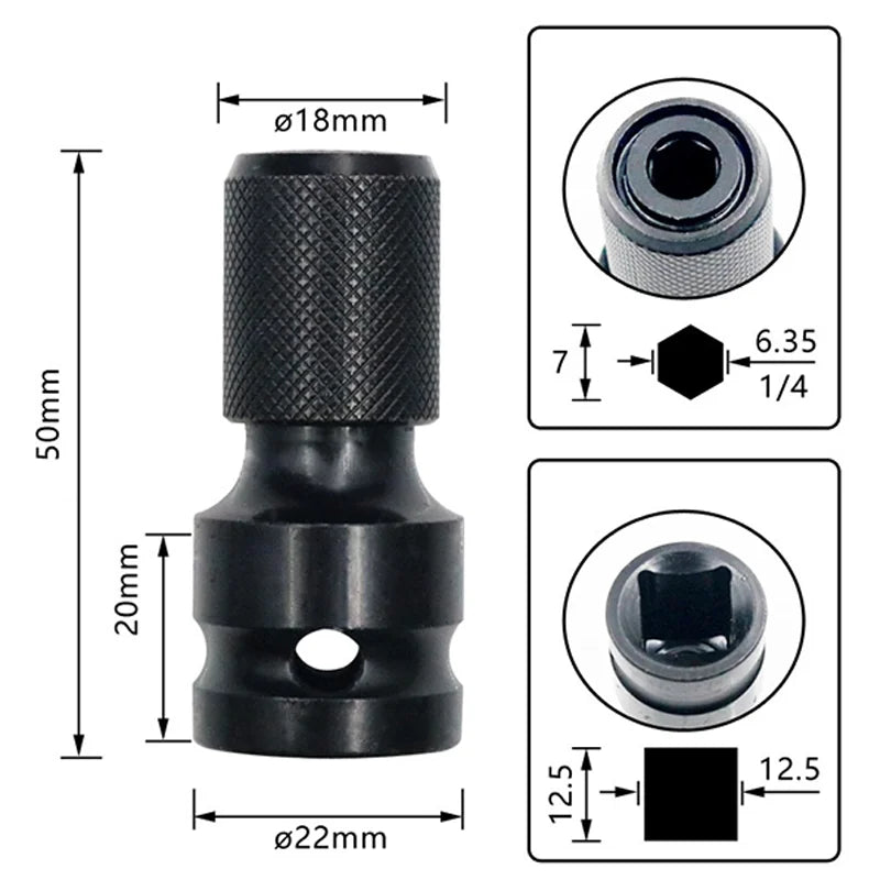 Quick-Release 1/2-Inch (12.7 mm) Square-to-1/4-Inch (6.35 mm) Hex Socket Adapter for Impact & Ratchet Wrenches