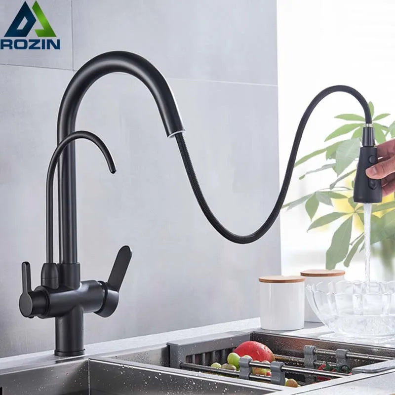 Black 360° Rotating Kitchen Faucet with Pull-Out Sprayer – 3-Way Filtered Hot & Cold Mixer Tap