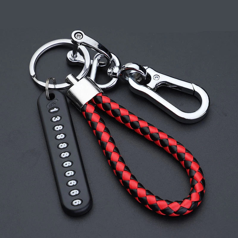 Braided Leather Car Keychain with Phone Number Card Holder, Anti-Lost Auto Key Ring with Lobster Clasp