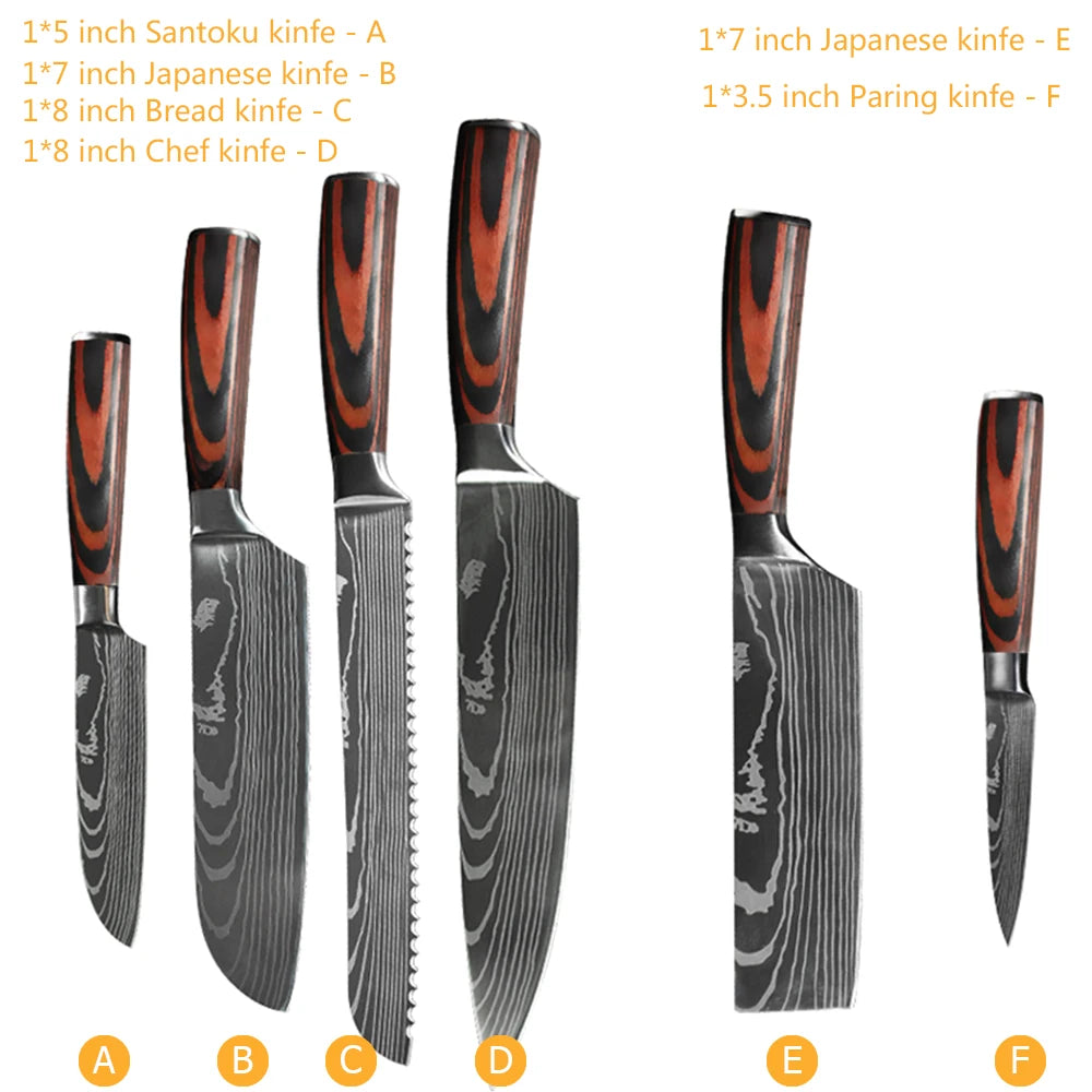 Chef Knife Set 1-10 Pc - Laser Damascus Pattern Japanese Santoku, Cleaver, Slicing and Utility Knives