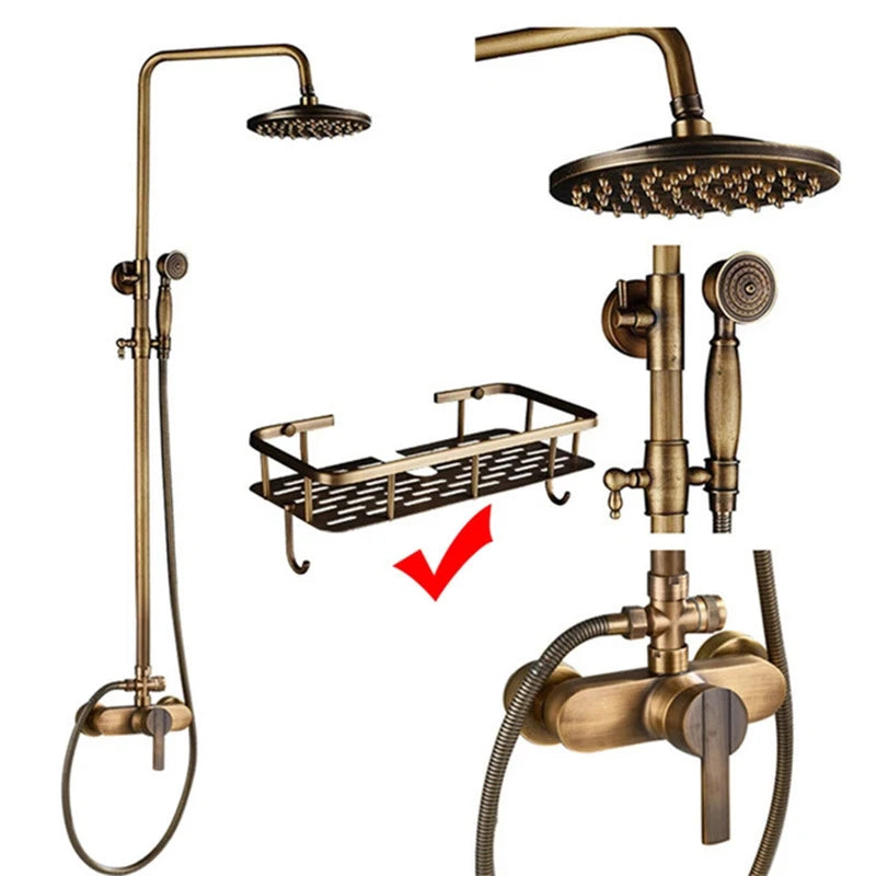 Antique Brass Wall-Mount Shower System with 8-inch (20 cm) Rainfall Head & Hand Shower, Adjustable 27.5–47.2 in (70–120 cm)