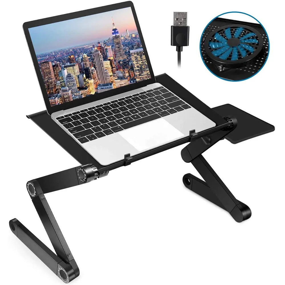 Adjustable Foldable Aluminum Laptop Stand with Cooling Fan and Removable Mouse Pad, Portable Lap Desk for Up to 17-inch Laptops