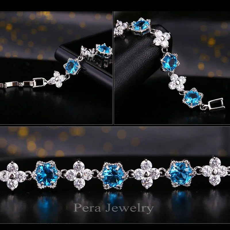 White Gold Color Cluster Flower CZ Bracelet for Women — Royal Blue & White Cubic Zirconia, 17.5 cm (6.9 in)