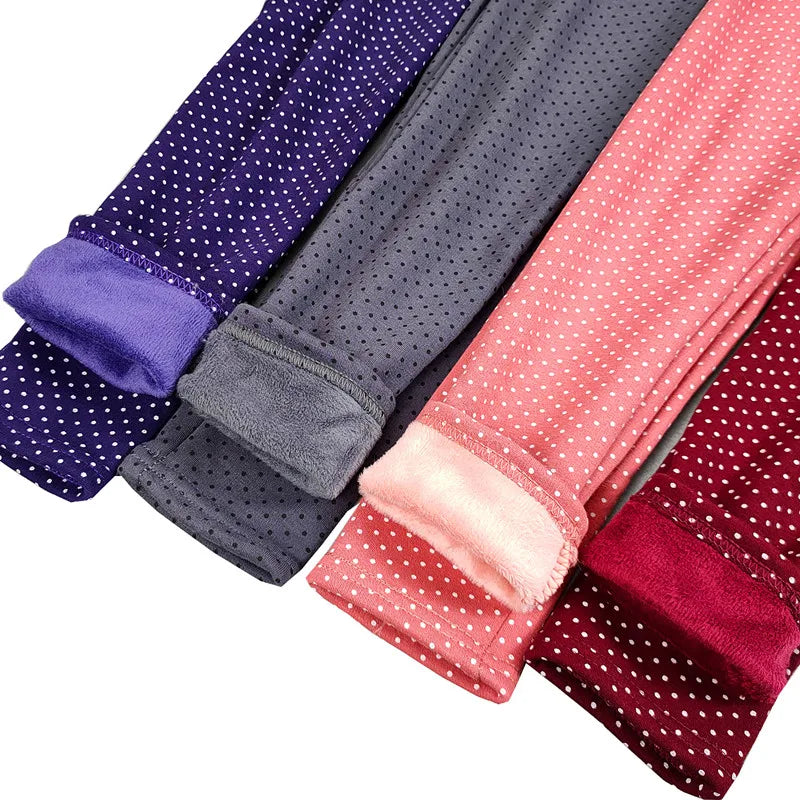 Girls Velvet Dot Leggings – Stretch Cotton Warm Winter Trousers with Elastic Waist