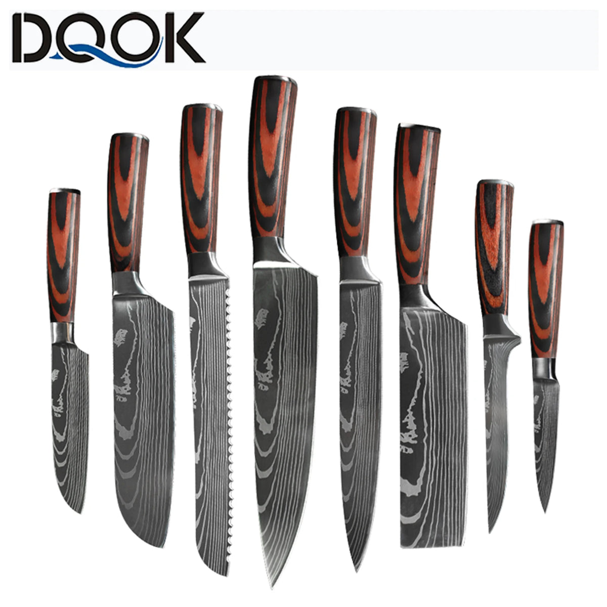Chef Knife Set 1-10 Pc - Laser Damascus Pattern Japanese Santoku, Cleaver, Slicing and Utility Knives