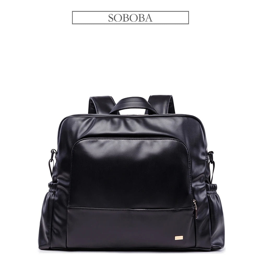 Waterproof Black Leather Diaper Bag Backpack – 24L Large Capacity Nursing Changing Bag with Zipper & Stroller Straps