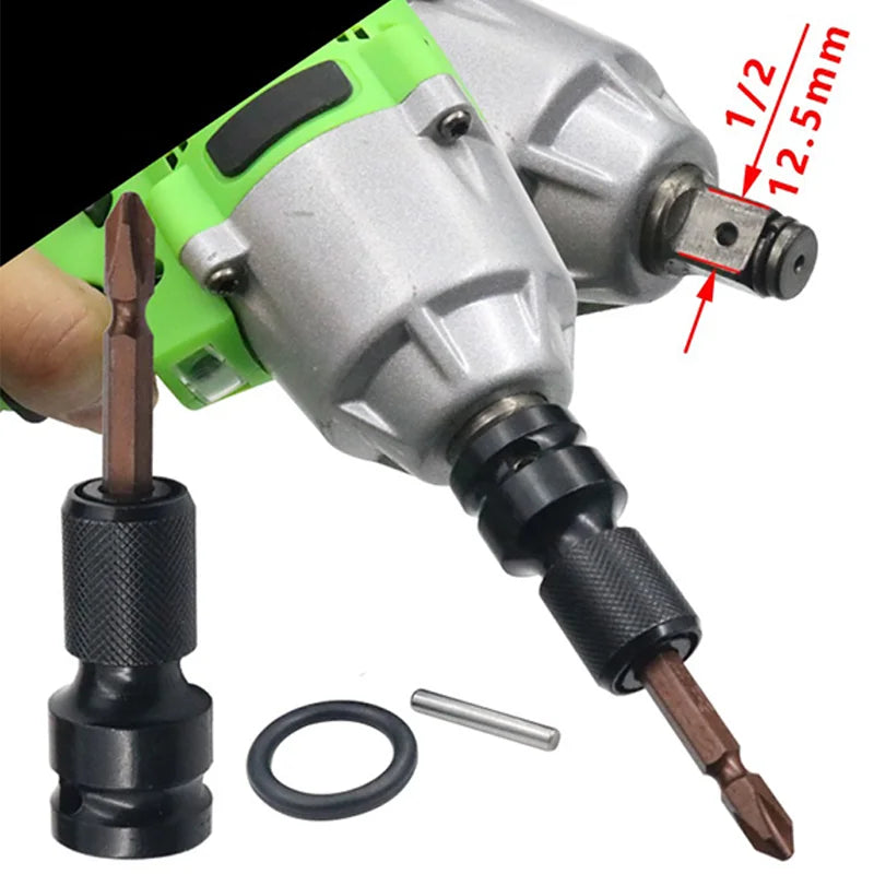 Quick-Release 1/2-Inch (12.7 mm) Square-to-1/4-Inch (6.35 mm) Hex Socket Adapter for Impact & Ratchet Wrenches