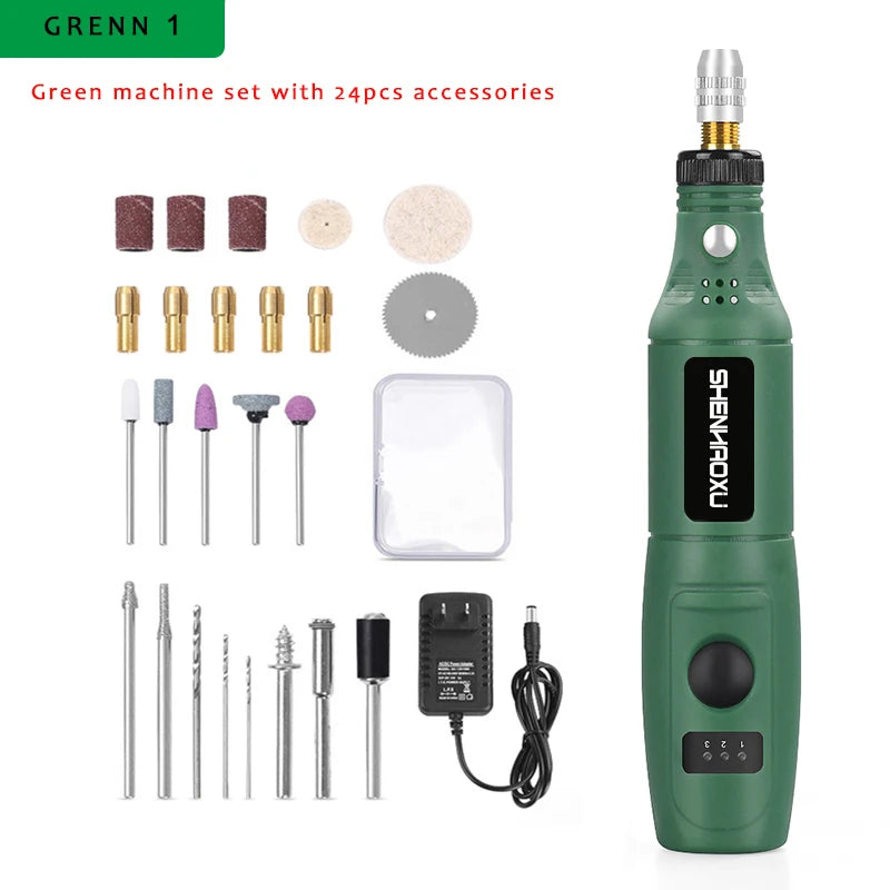 Mini Rotary Tool Kit — 3-Speed Engraver & Grinder with 25-Piece Accessories (100–240V / 3.7V)