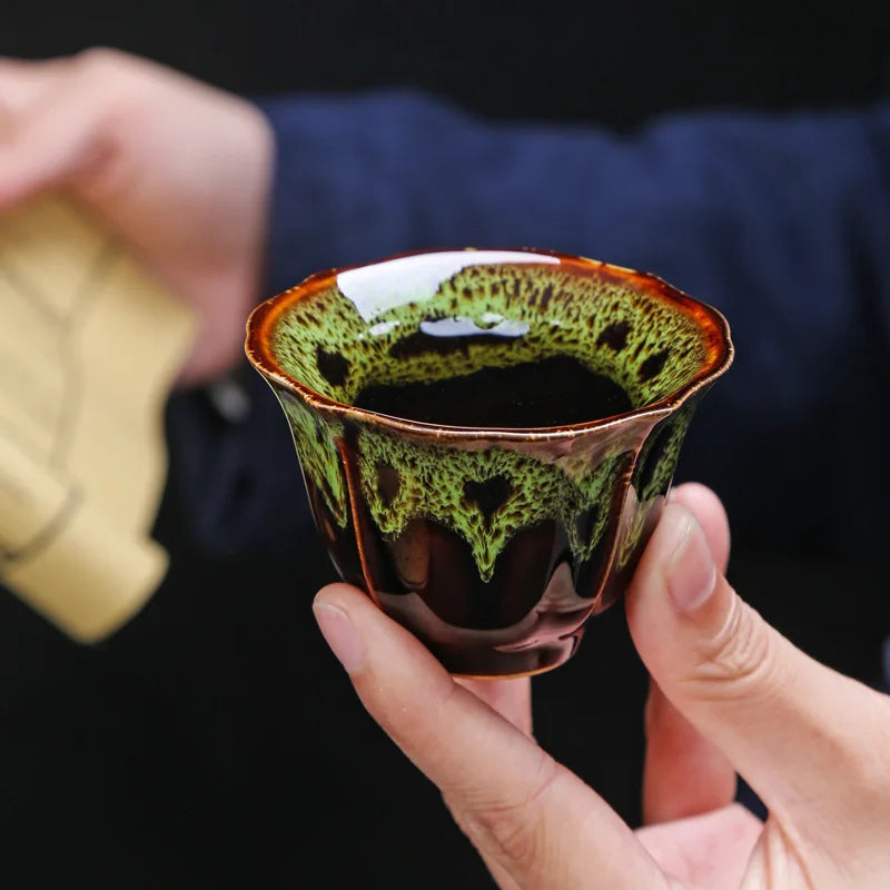 1-Pc Temmoku Glaze Jian Zhan Porcelain Kung Fu Tea Cup - Handmade Ceramic Teacup for Oolong & Pu'er