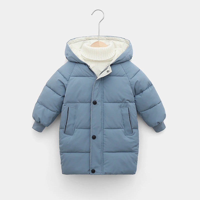 Kids Hooded Long Down Parka Coat - Warm Zippered Winter Jacket for Boys & Girls