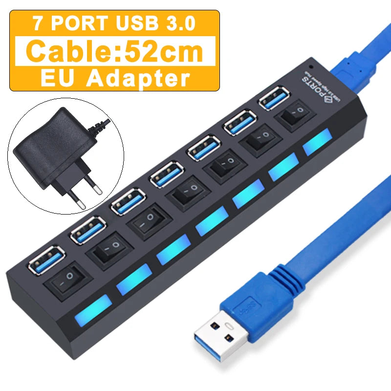 USB 3.0 Hub 4/7-Port Powered USB Splitter with On/Off Switch – High-Speed USB 3.0/2.0 Expander for PC & Laptop