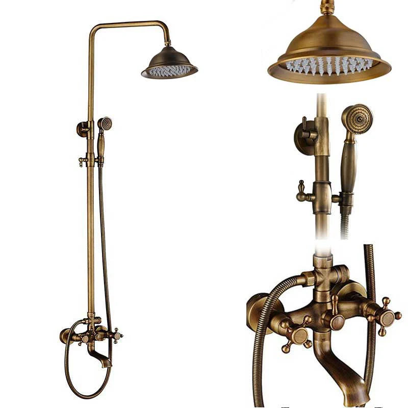 Antique Brass Wall-Mounted Rainfall Shower Set with 8-Inch Shower Head, Handheld & Shelf - Dual Handle Mixer Tap