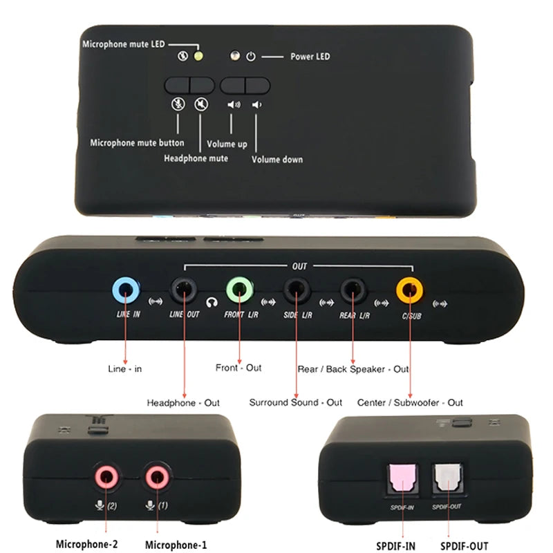 External USB 7.1 Sound Card with S/PDIF and USB Extension Cable — Studio Recording Adapter for PC & Laptop