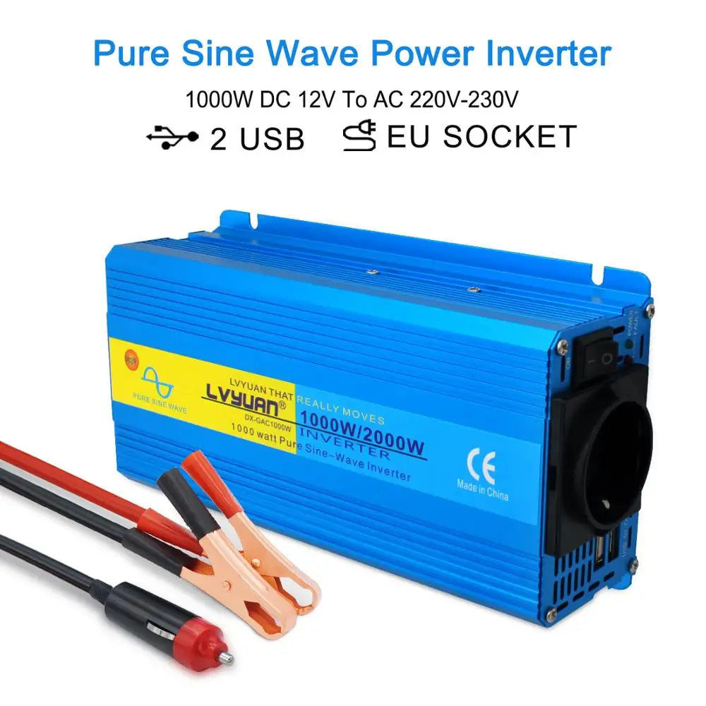 2000W Peak / 1000W Continuous Pure Sine Wave Power Inverter DC 12V/24V to 220–240V AC – EU/Universal Socket & USB