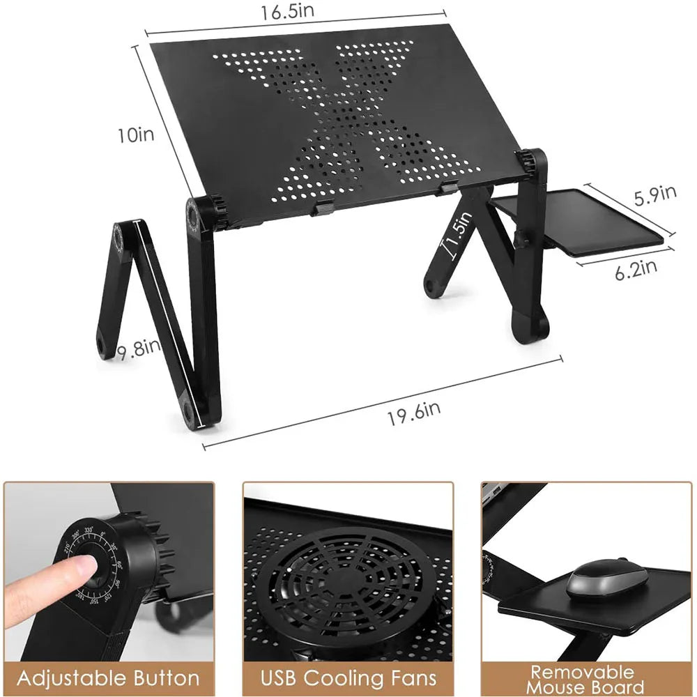 Adjustable Foldable Aluminum Laptop Stand with Cooling Fan and Removable Mouse Pad, Portable Lap Desk for Up to 17-inch Laptops