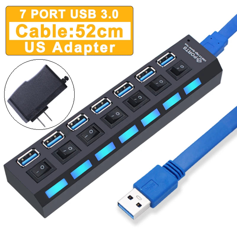 USB 3.0 Hub 4/7-Port Powered USB Splitter with On/Off Switch – High-Speed USB 3.0/2.0 Expander for PC & Laptop