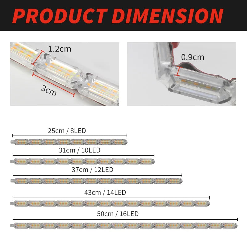 1-Pair Flowing Sequential Flexible LED DRL Strip Lights for Car — Daytime Running Light & Turn Signal, Waterproof, 12V, 9.8–19.7 in (25–50 cm)