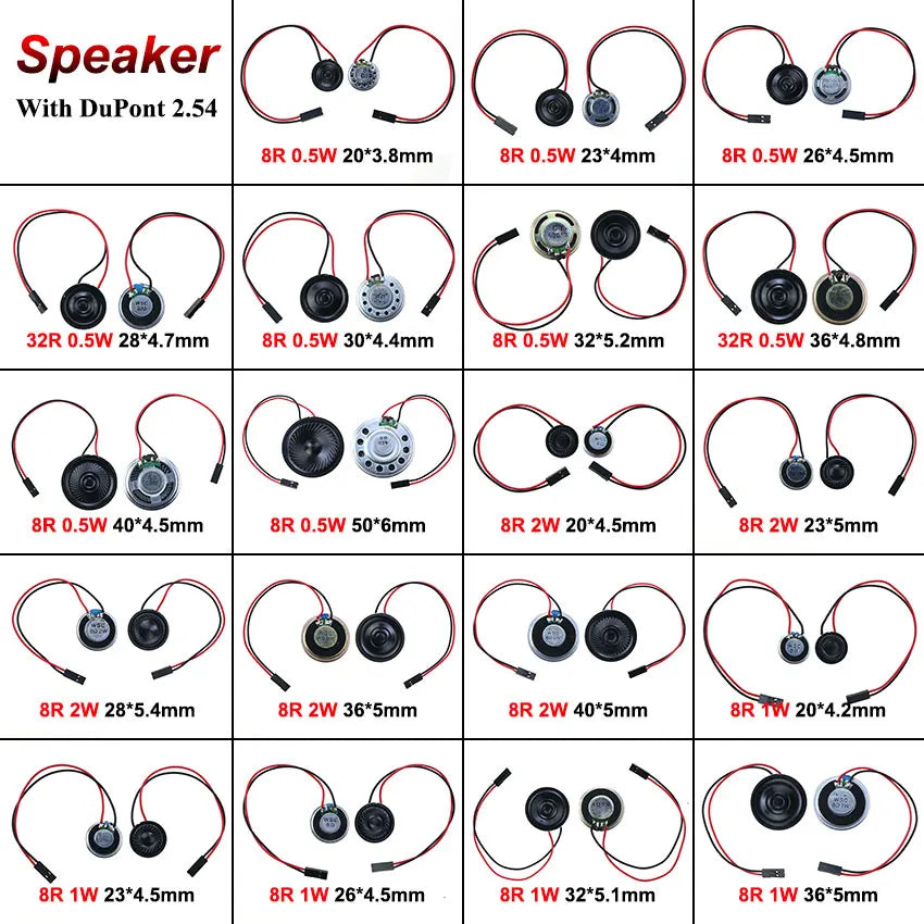 2-Pack Ultra-Thin Mini Speakers 8Ω & 32Ω | 0.5–2W | Multiple Diameters 20–50 mm (0.79–1.97 in) | MX/XH DuPont 1.25/2.54mm Terminal