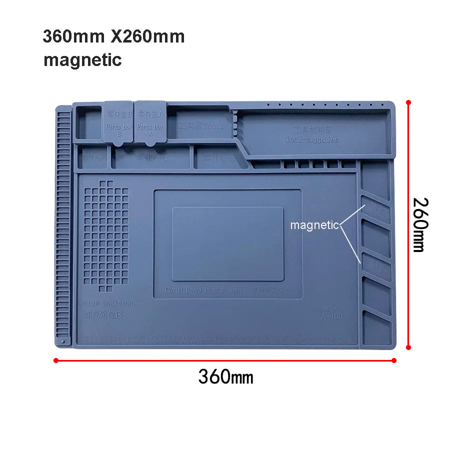 Silicone Soldering Mat 45 x 30 cm (17.7 x 11.8 in) Heat-Resistant Anti-Static Repair Mat with Built-In Ruler & Parts Boxes