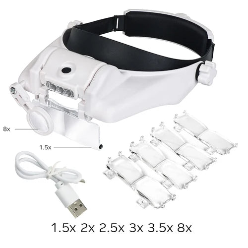 USB Rechargeable LED Headband Magnifier Glasses Loupe for Watchmaker & Jewelry Repair 1.5x-8x (Stackable to 15x)