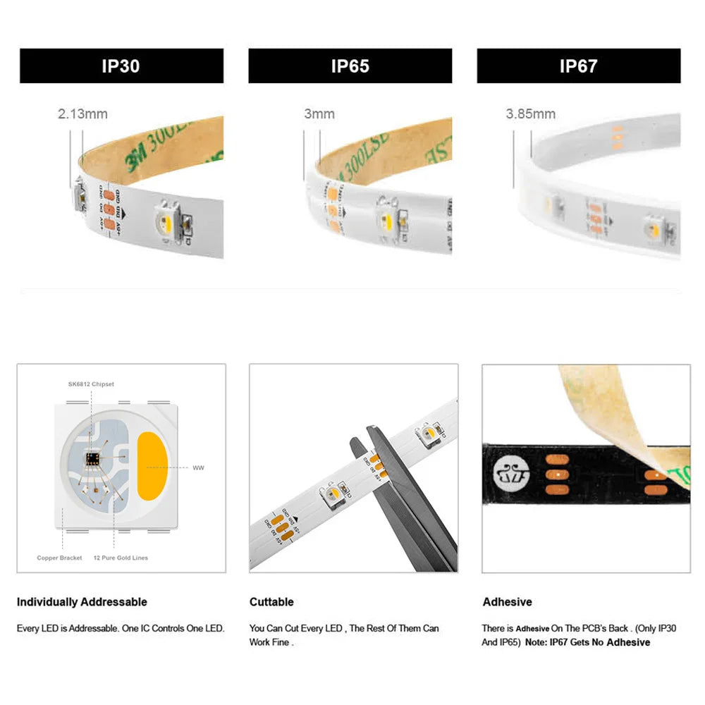 5V SK6812 RGBW Addressable LED Strip – Individually Addressable RGBW LEDs, 30/60/144 LEDs/m, 1m/4m/5m, IP30/IP65/IP67