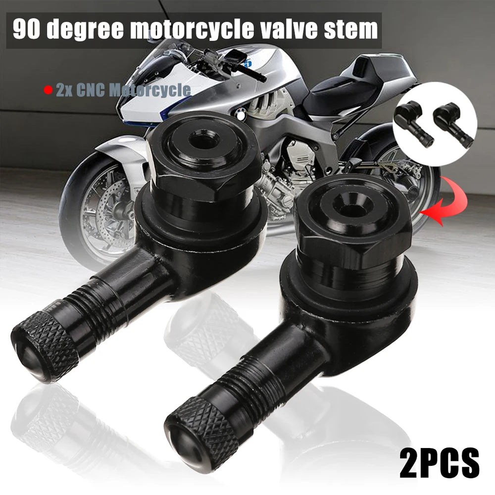 2-Pack 90° Aluminum Motorcycle Tubeless Valve Stem Caps — 11.3mm (0.45in) Fit