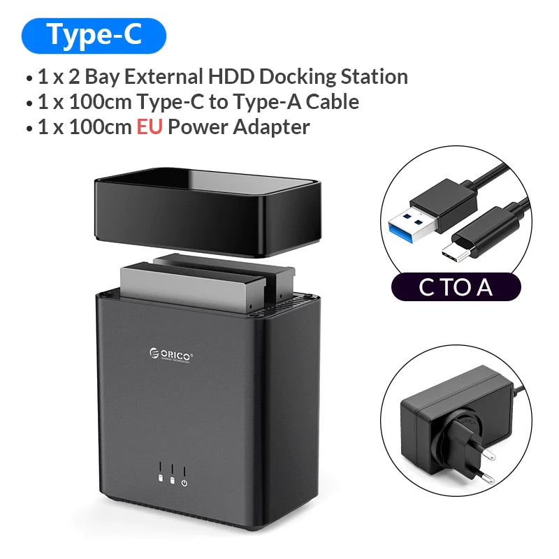 2-Bay 3.5-inch Type-C HDD Enclosure USB 3.1 Gen1 5Gbps UASP Magnetic Docking Station (12V 4A)