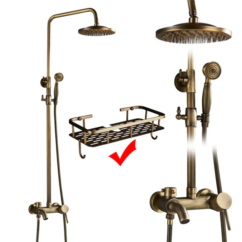 Antique Brass Wall-Mount Shower System with 8-inch (20 cm) Rainfall Head & Hand Shower, Adjustable 27.5–47.2 in (70–120 cm)
