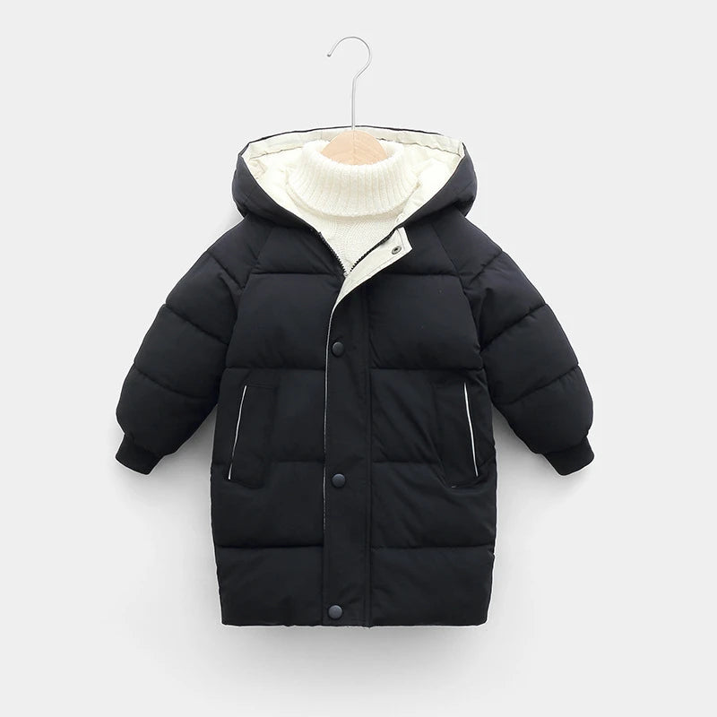 Kids Hooded Long Down Parka Coat - Warm Zippered Winter Jacket for Boys & Girls
