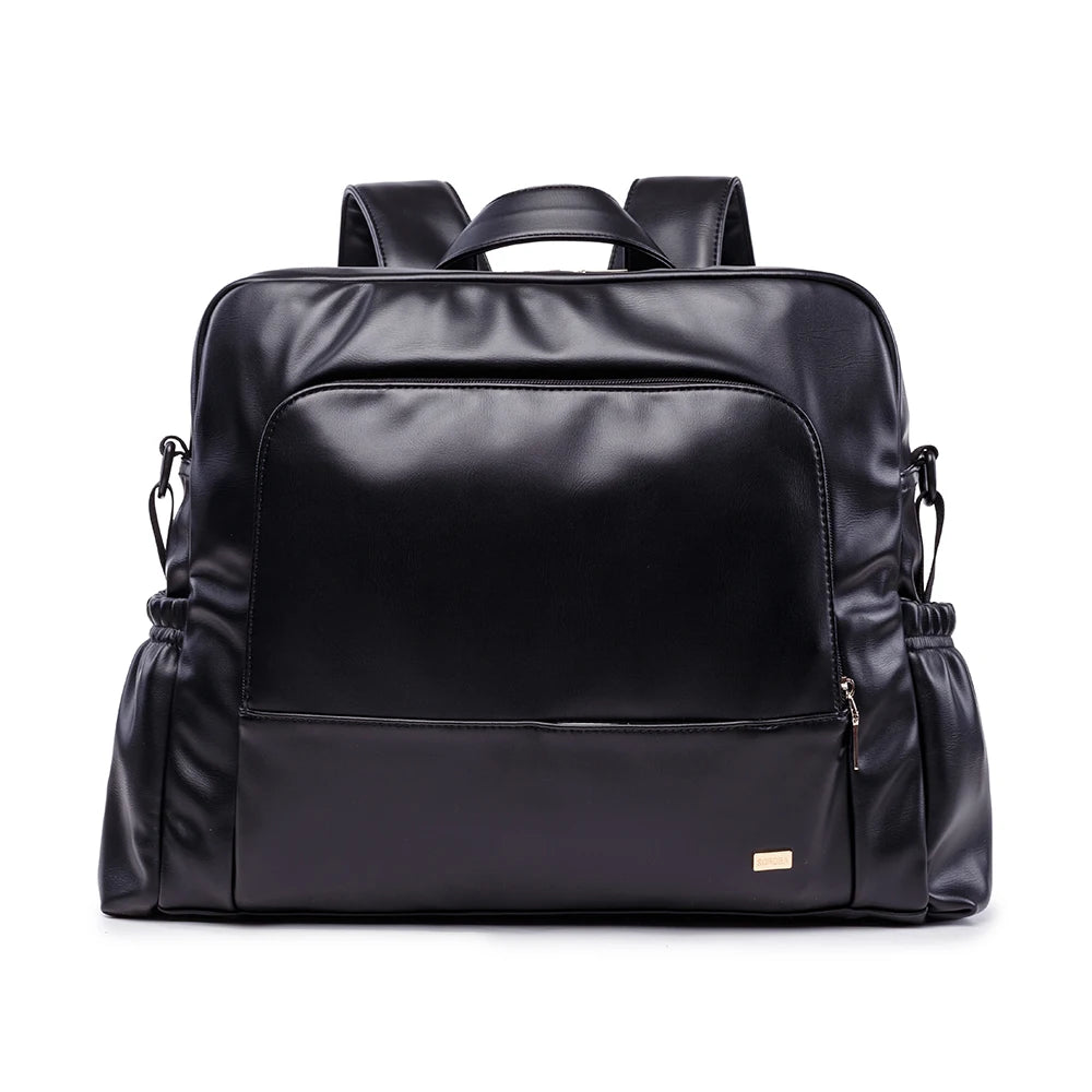 Waterproof Black Leather Diaper Bag Backpack – 24L Large Capacity Nursing Changing Bag with Zipper & Stroller Straps