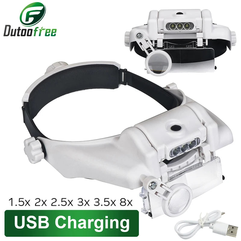 USB Rechargeable LED Headband Magnifier Glasses Loupe for Watchmaker & Jewelry Repair 1.5x-8x (Stackable to 15x)