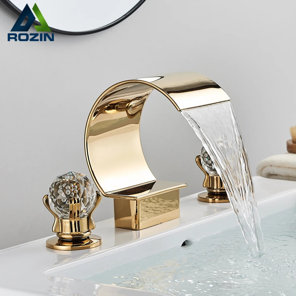 Golden Waterfall Widespread Bathroom Faucet - Dual Crystal Handles, Deck-Mounted Basin Mixer